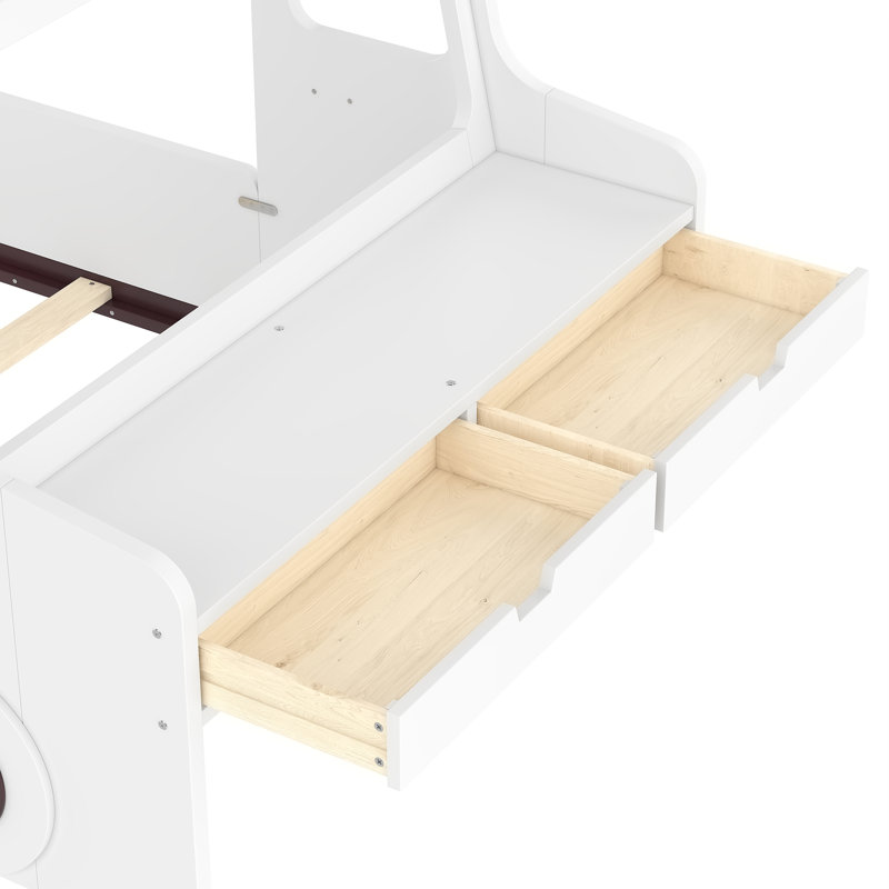 Ginyard Car-Shaped Floor Bed with Storage Drawers, Desk & Window, Light White, Twin