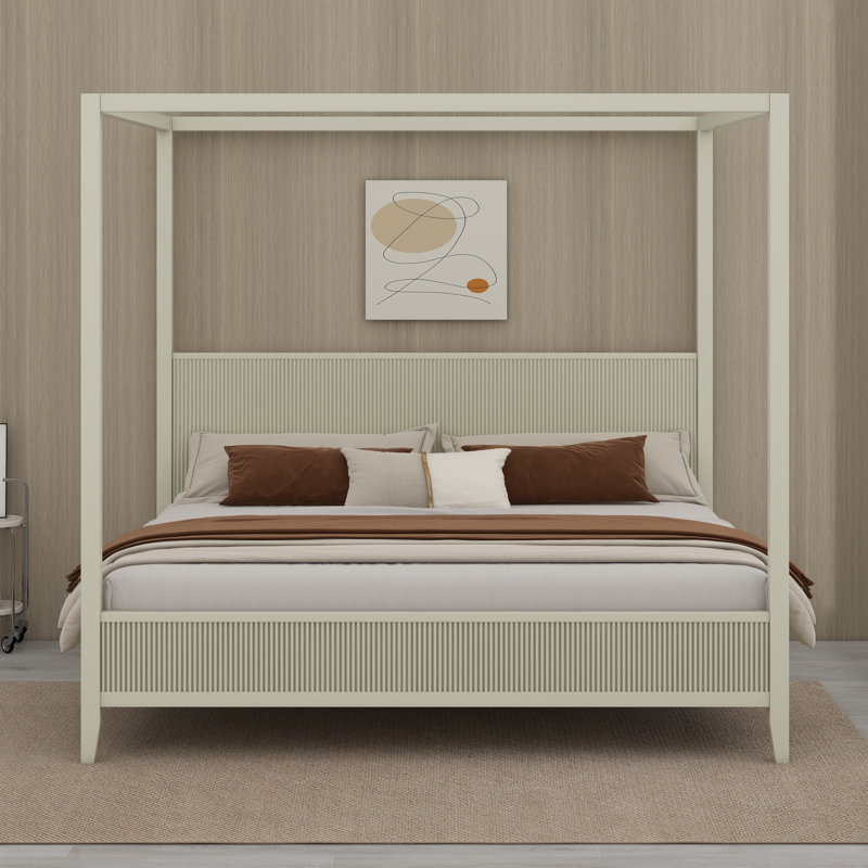 Cadre de lit à baldaquin avec tête de lit, lit plateforme en bois à 4 affiches de style Mid-Century avec support en lattes de bois
