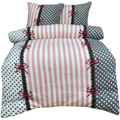 Winter Fleece Bed Linen Set in Pink and Grey Stripes