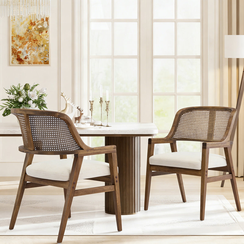 Ansel Mid-Century Modern Rubberwood Dining Chairs with Cane Back and Upholstered Seat, 2, Beige Cushion/Walnut Frame