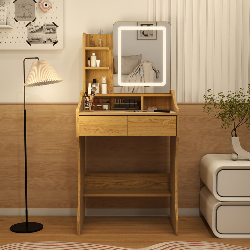 23.8" Vanity Desk with Lighted Mirror, Small Makeup Vanity with 2 Drawers for Bedroom, Pink