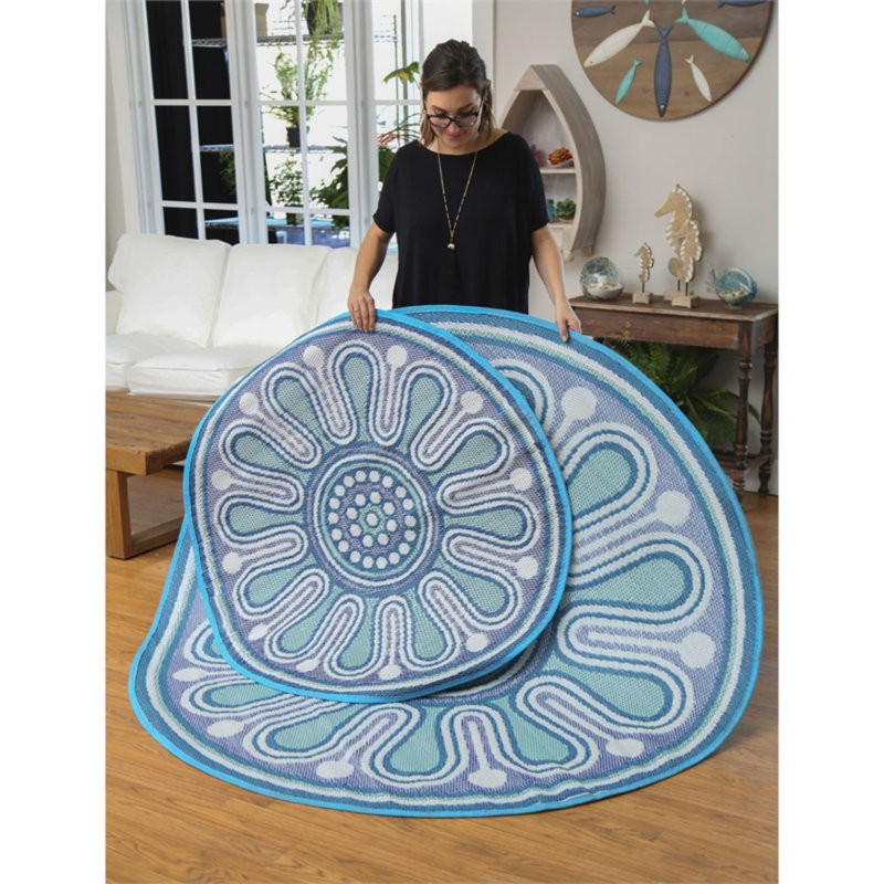 Tapis décoratif d’intérieur/extérieur turquoise crocheté à la main, Rond 4 pi