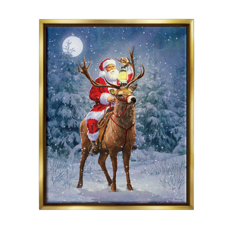 «Santa Riding Reindeer Landscape» par Pip Wilson, peinture, H 21 po x l 17 po x P 1,7 po, Cadre flottant métallique doré