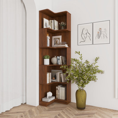 Bibliothèque d'angle, bibliothèque ouverte à 5 niveaux, bonne texture, robuste et durable, haute protection de l'environnement, rangement, présentoir, lecture à guichet unique, chambre à coucher, salon, bureau, bibliothèque indispensable.