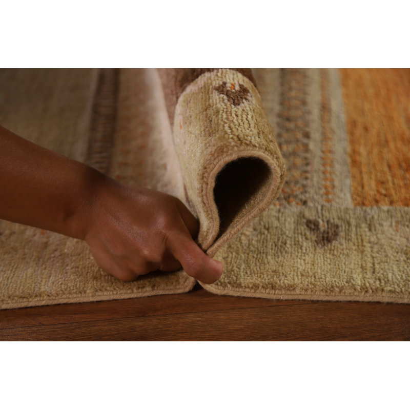 Tapis rectangulaire unique en laine noué à la main 7 pi 11 po x 11 pi 7 po New Age beige / brun / orange