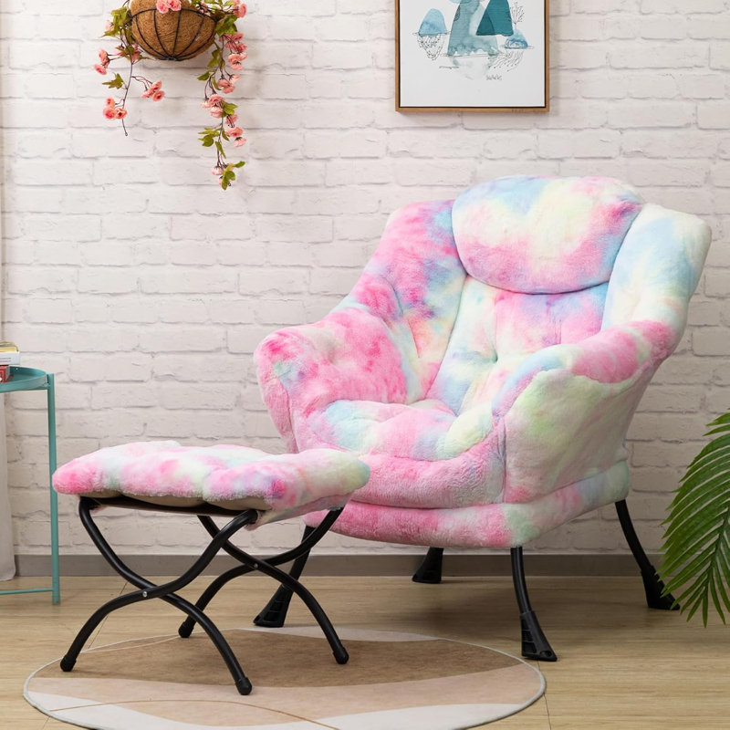 Méridienne en fausse fourrure avec repose-pieds pliable - ensemble de fauteuil d'appoint moelleux et repose-pieds, support ergonomique pour le salon, la chambre à coucher, dortoir - Conception robuste et peu encombrante, assemblage facile