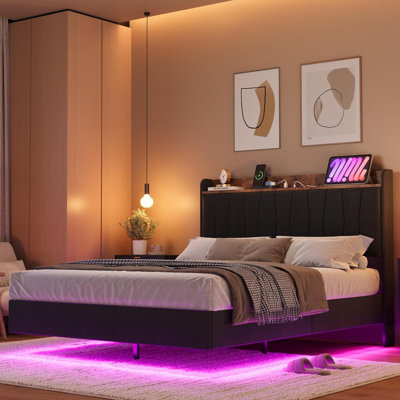 Floating Upholstered Platform Bed Frame with LED Lights & Charging Station - Storage Headboard, Wood Slat Support, No Box Spring Needed, Easy Assembly - King, Beige