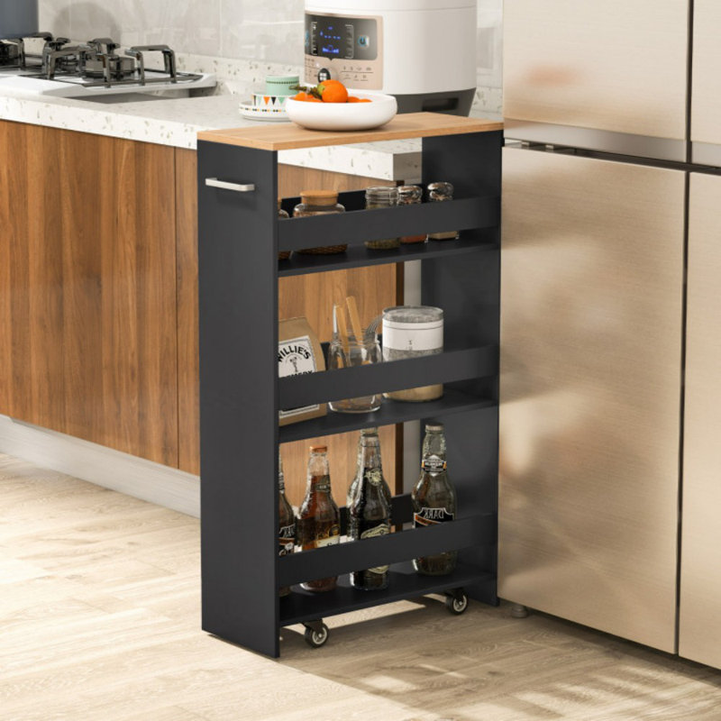 4-Tier Rolling Storage Cart Slim Kitchen Cart on Wheels with Open Shelves and Handle, Black