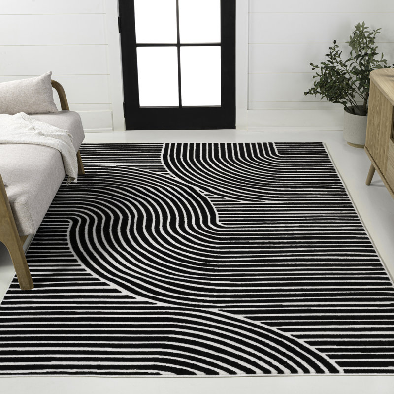 Hallie High-Low Minimalist Curve Geometric Black/White Rug, Rectangle 3'11" x 6'