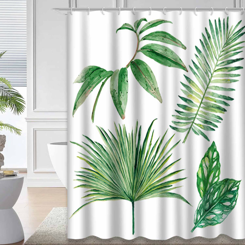 Watercolor Tropical White Palm Leaves Shower Curtain with 12 Hooks, L 72 po x l 72 po