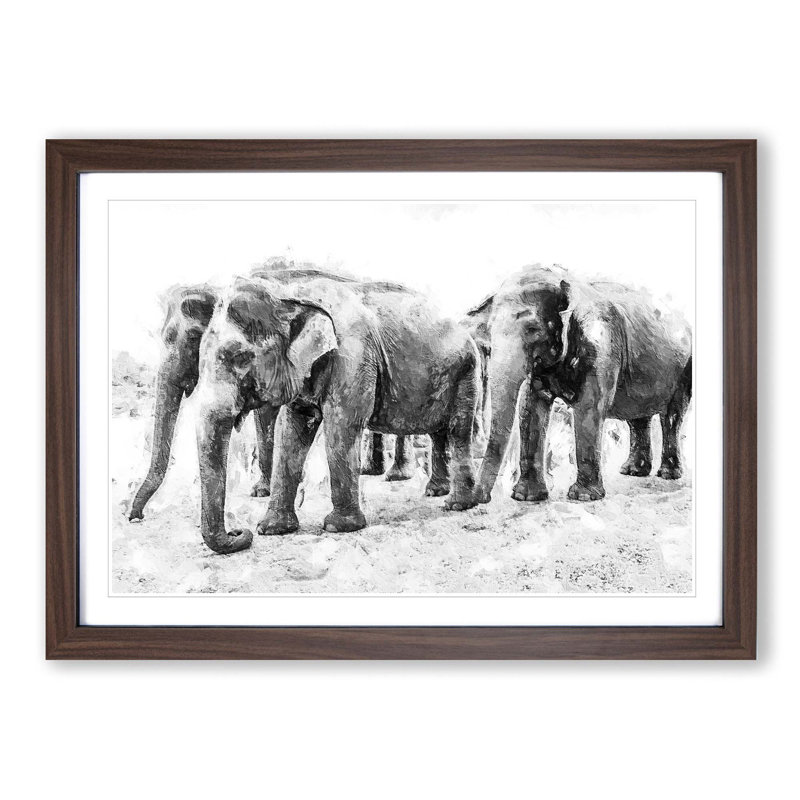 Elephants in Sri Lanka - Picture Frame Painting Print on MDF, 27cm H x 36cm W x 2cm D, Walnut Framed