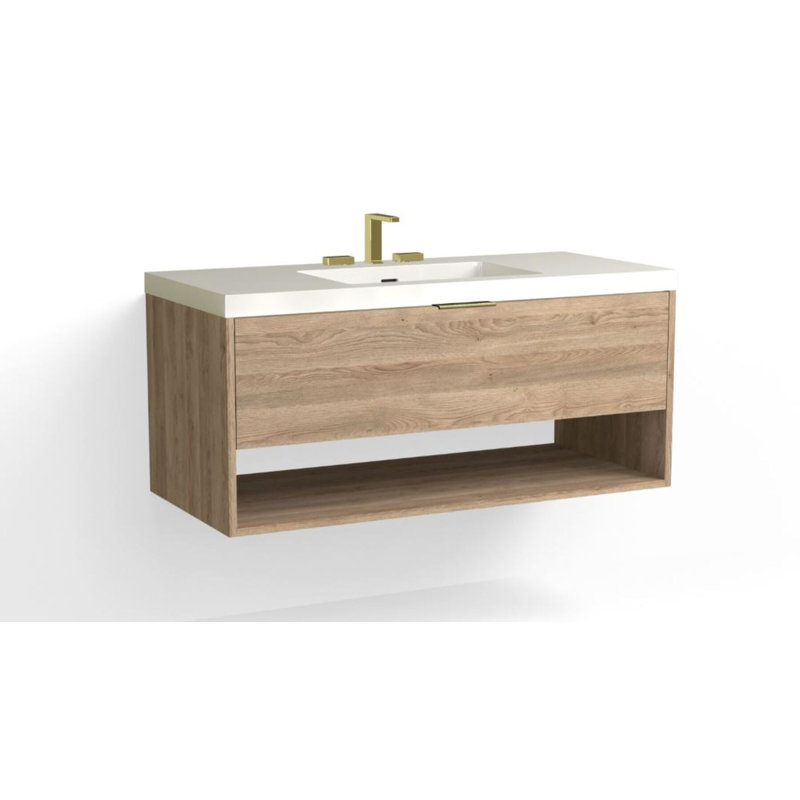 Modo 48" W Wall Mounted Single Bathroom Vanity, Glossy White/8" Widespread, Matte Black, White Acrylic
