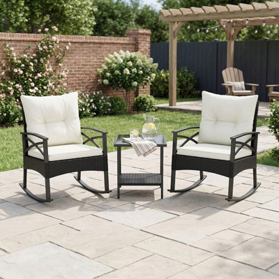 3-Piece All-Weather PE Rattan Outdoor Rocking Chair Bistro Set, 2 Smooth Glide Rockers, 1 2-Tier Storage Side Table, Suitable For Garden, Backyard, Patio, Deck