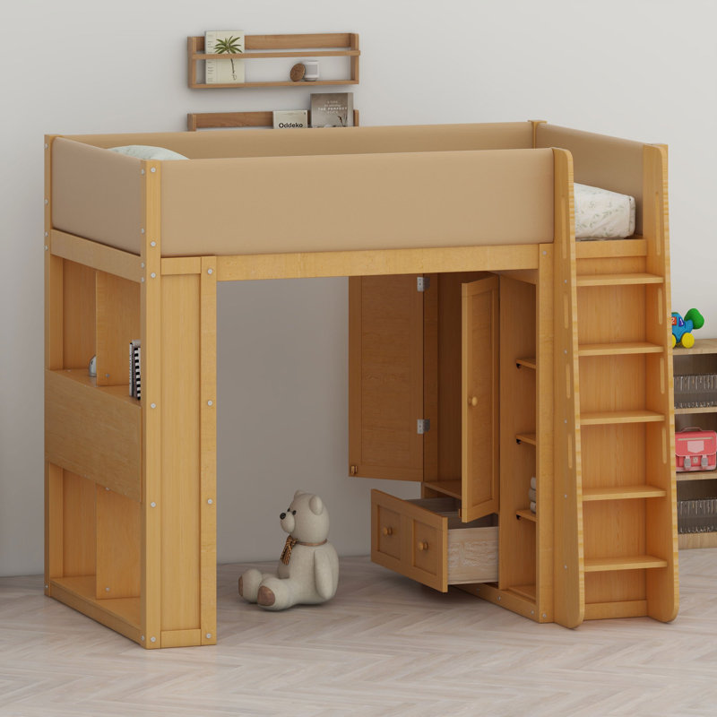 Lit mezzanine avec armoire intégrée, tiroirs et éclairage d'ambiance pour un montage facile, Lit double, Bois