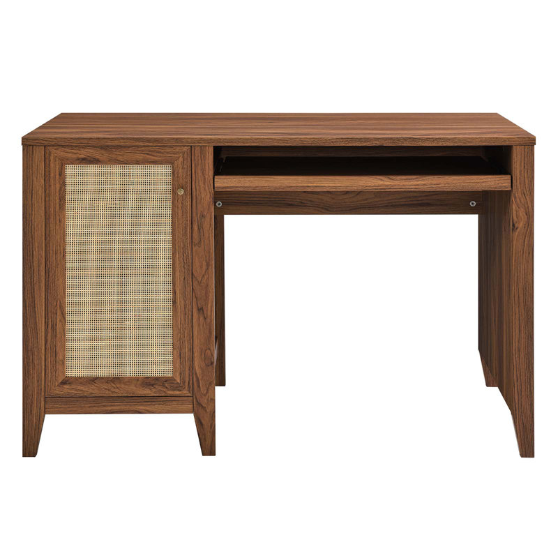 Walnut Wood Office Desk with Rattan Door and Keyboard Tray