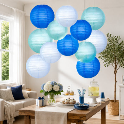 12-Pack Blue Round Chinese Paper Lanterns with 12 LED Lights for Hanging Wedding, Graduation, Birthday, and Party Decorations