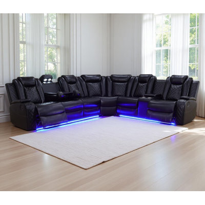 Shamla 3-Pieces 210”Breathing Leather Power Reclining Theater Sectional,LED Lighting