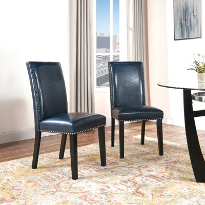 LUMERA Collection Upholstered Parsons Dining Chair with Nailhead Trim, High Back Faux Leather Side Chair, Blue