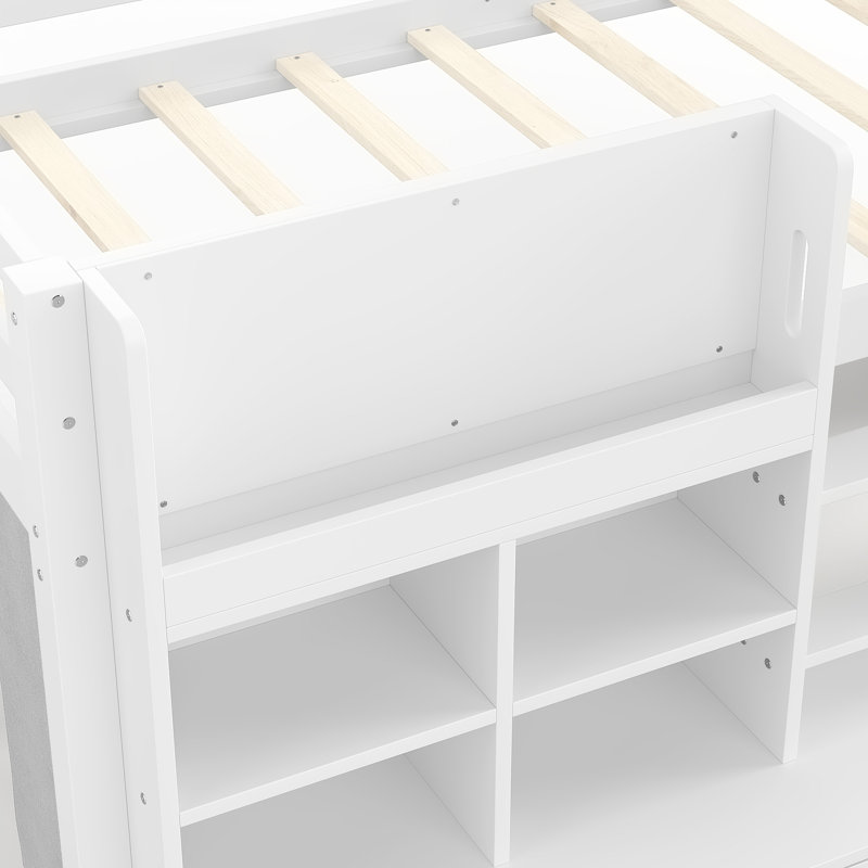 Lit mezzanine avec tablettes et rangements multiples, Blanc