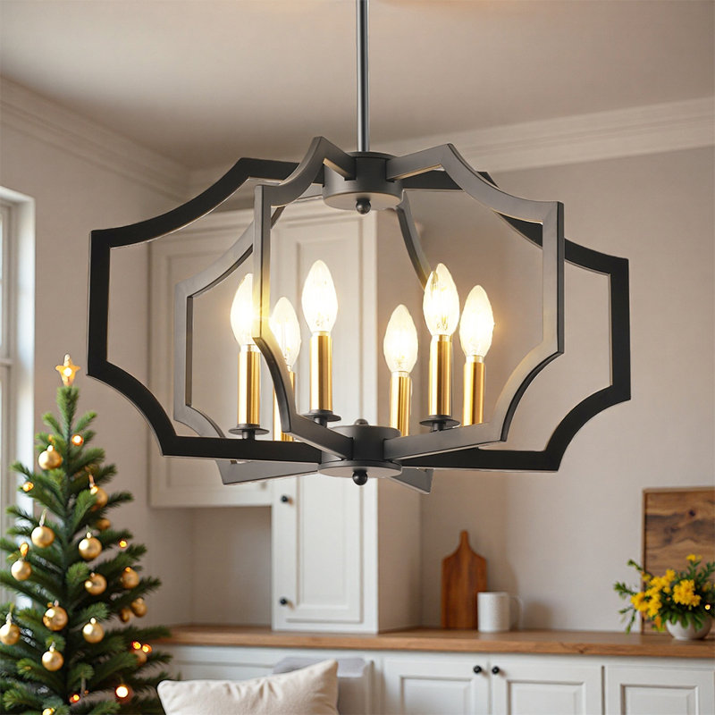 Élégant lustre géométrique 6 lumières, plafonnier de style industriel avec design rétro pour îlot de cuisine, salle à manger et salon