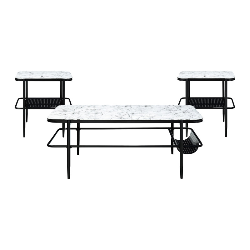 Table d'appoint 3 pièces: Style moderne avec verre imprimé en marbre blanc et rangement élégant en métal trempé 3
