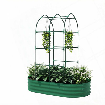 Galvanized Metal Raised Garden Bed with Arched Trellis, 5' x 3' x 6' Outdoor Elevated Planter Box, Open Bottom Design for Climbing Plants