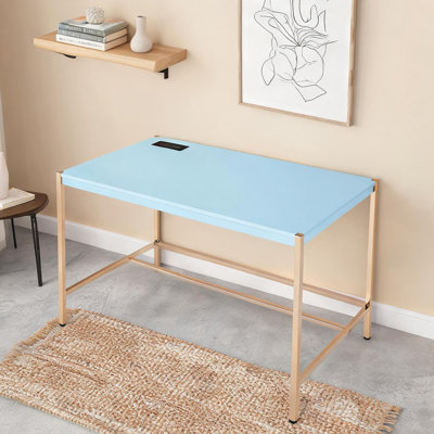 Bureau d'écriture rectangulaire de 42 pouces avec port USB, plateau en panneau de fibres à densité moyenne et base en métal doré, finition bleue