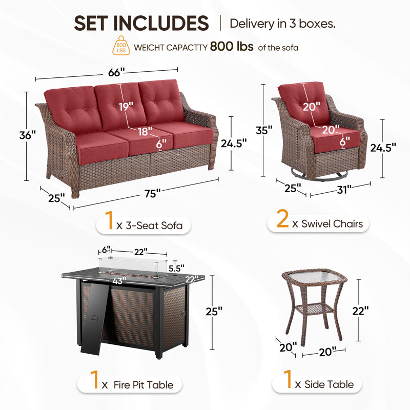 Circlarmino 5-Piece Outdoor Wicker Patio Conversation Set With Rectangle Metal Fire Pit, Swivel Gliders And Side Table For Patio