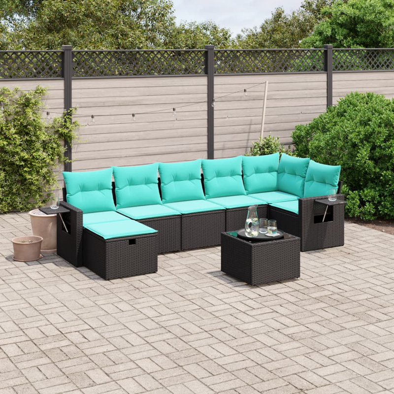 Ensemble de canapé de patio 8 pièces avec coussins en rotin de polyester, Bleu clair, Noir