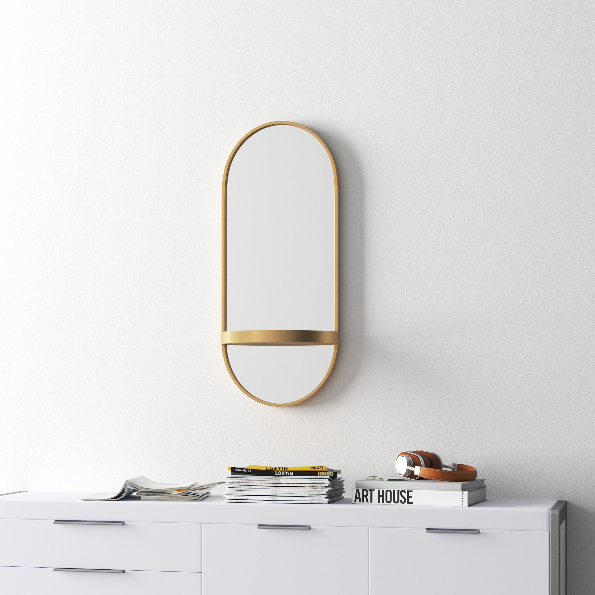 Lumi Metal Flat Mirror with Shelves, 38" H x 16" W, Gold