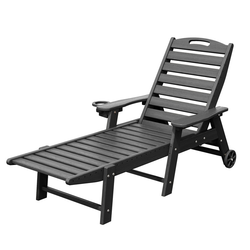 Méridienne d'extérieur inclinable en PEHD avec roulettes et porte-gobelet, Noir, noir, noir, noir