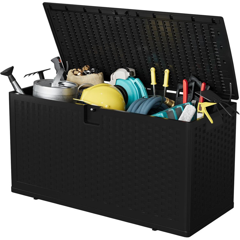 73 Gallon Waterproof Outdoor Deck Storage Box – Resin Organizer for Patio, Garden, Pool – Stores Cushions, Tools, Equipment – Black, Imitation Rattan