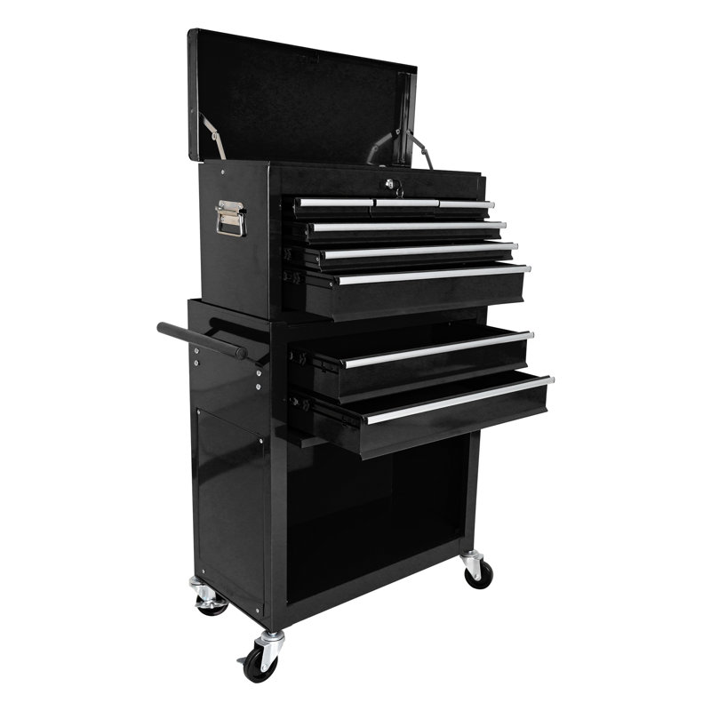 Armoire à outils à 8 tiroirs avec coffre supérieur à roulettes, rangement de garage en acier robuste sur roulettes, Noir