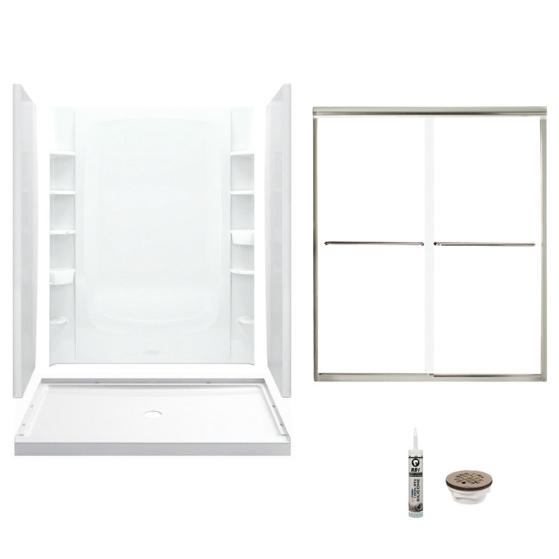 60" Frameless Rectangle Sliding Shower Kit with Clear Tempered Glass and Brushed Nickel Hardware