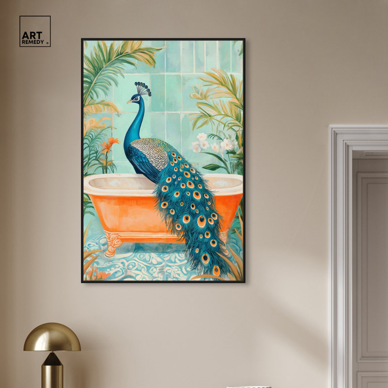 Elegant Peacock Bath Canvas Jungle Bathroom Art, Black Framed, 54" H x 36" W
