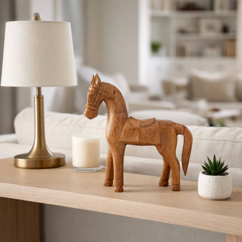 Decorative Wooden Horse Figurine Sculpture for Home Decor - Rustic Statue Animal Accent for Table Styling or Living Room Decoration - 12", Brown