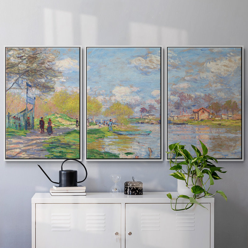 Monet, reproduction sur toile 3 pièces, Cadre blanc, H 36 po x l 75 po x P 2 po