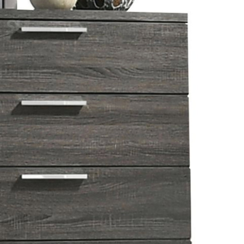 Commode au fini chêne gris Lantha avec cinq tiroirs spacieux pour un rangement moderne et fonctionnel