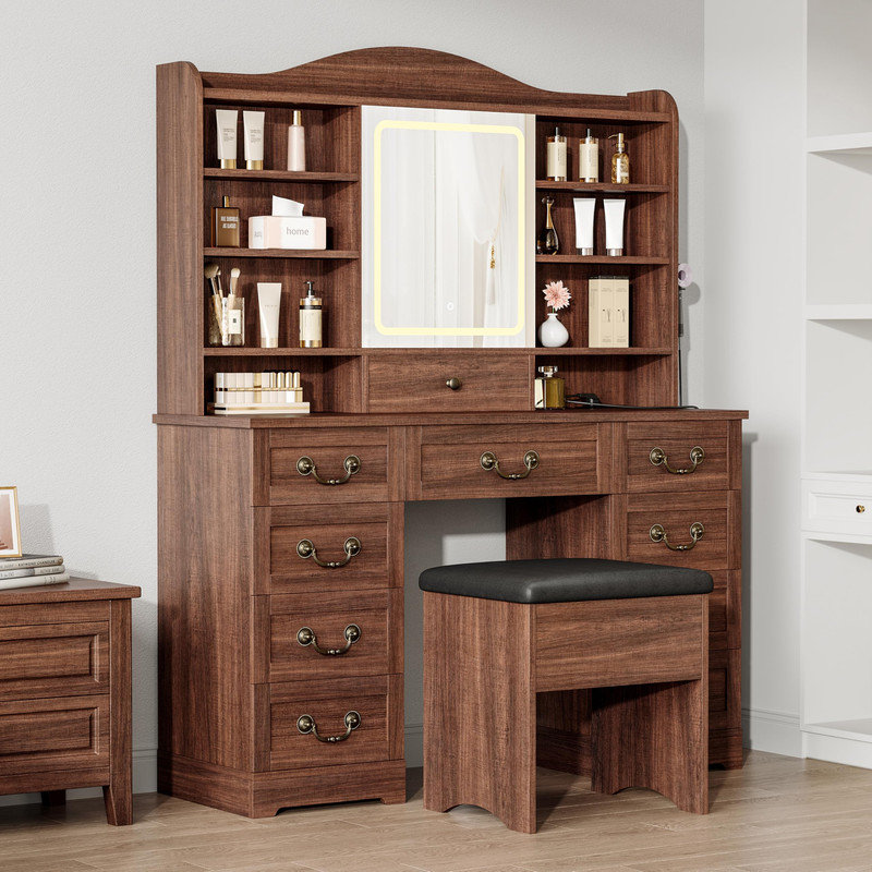 Makeup Vanity Desk with Mirror, Lights and Stool, Table with 10 Drawers, 10 Shelves, Adjustable Lighting and Power Outlet for Bedroom