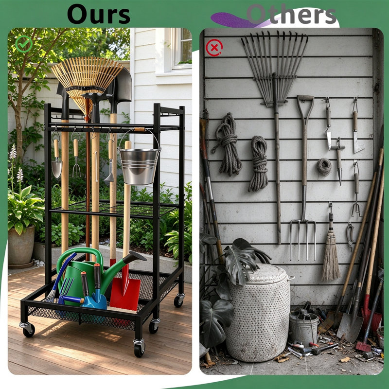 Heavy Duty Alloy Steel Garden Tool Storage Organizer, Multi-Tier Rolling Tool Stand with Wheels for Long-Handled Tools, Yard, Garage, Lawn & Shed