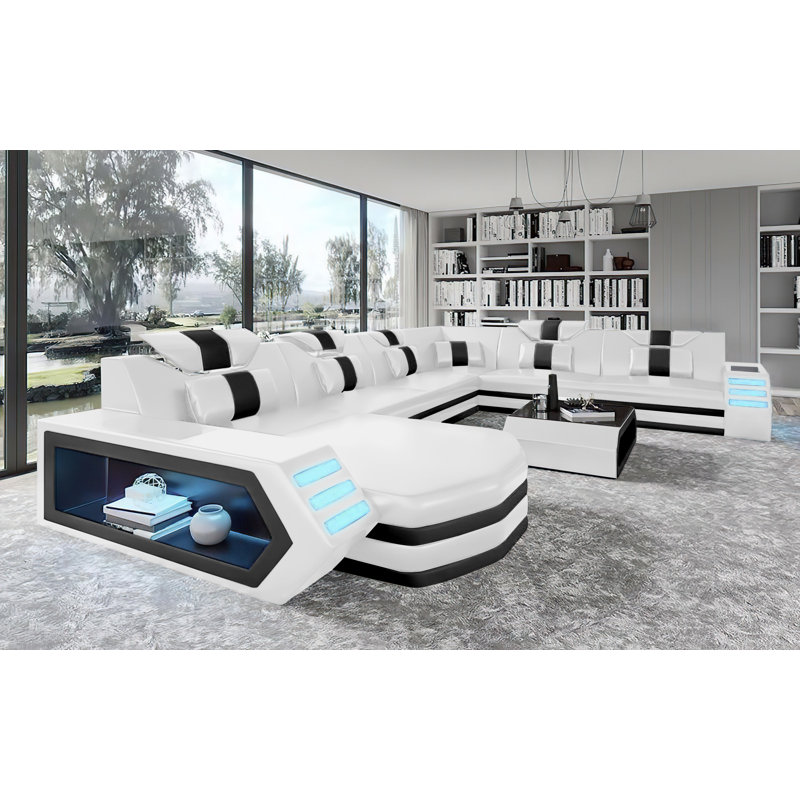Canapé modulaire de coin de 150 po de largeur Loberta, Orienté vers la droite, Blanc / cuir noir
