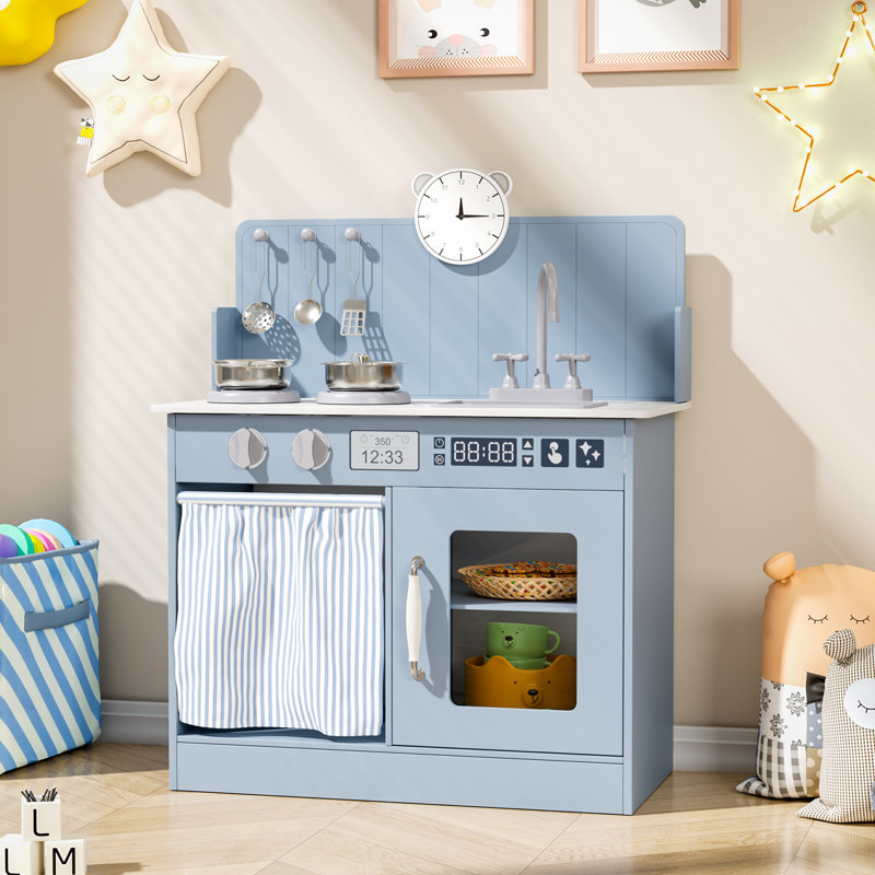 Kids Kitchen Playset With Ample Storage, Interactive Play Kitchen With Simulated Gas Tray, Sink, Faucet, 6 Pcs Cookware, Educational Clock For Toddlers(Blue)