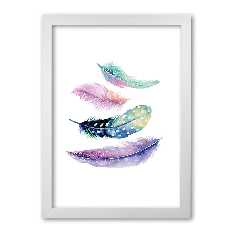 Turquoise And Purple Bird Feathers Abstract - Print, 42 cm H x 30 cm W x 5 cm D, White Grain Frame