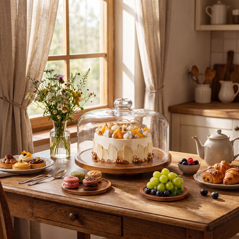 Présentoir à gâteaux en bois d'acacia avec dôme en verre Airtight