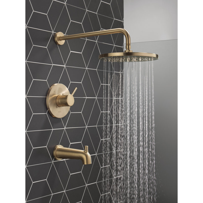 Modern Raincan Round Single-Function Tub and Shower Faucet Set, Valve Trim Kit, Rainfall Shower Head, Champagne Bronze