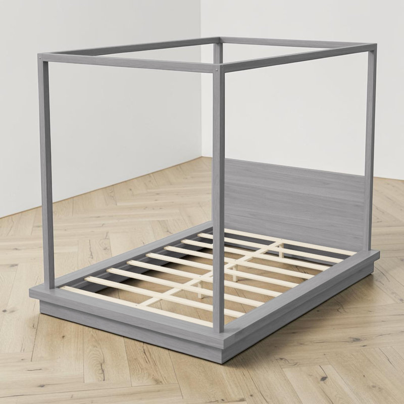 Lit plateforme à baldaquin en bois, profil bas, tête de lit à panneaux, style ferme moderne, chambre, Grand lit, Gris