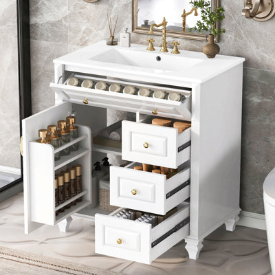 Meuble-lavabo de 76 cm avec lavabo, meuble sur pied avec tiroir rabattable, 3 tiroirs et placard de rangement, bois massif et MDF, lavabo en céramique