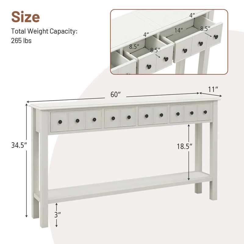 Lark Manor 60" Console Table Retro Entryway Sofa Table With 4 Drawers & Open Shelf Hallway White
