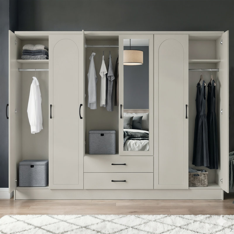 Millbury 6 Door 2 Drawer Wardrobe with Mirror, Light Grey