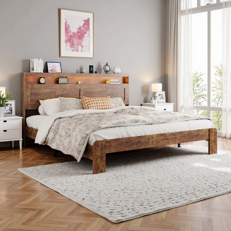 Cadre de lit plateforme moderne brun foncé avec tête de lit à DEL, 2 ports USB et rangement sous le lit - Assemblage sans outil, sans bruit